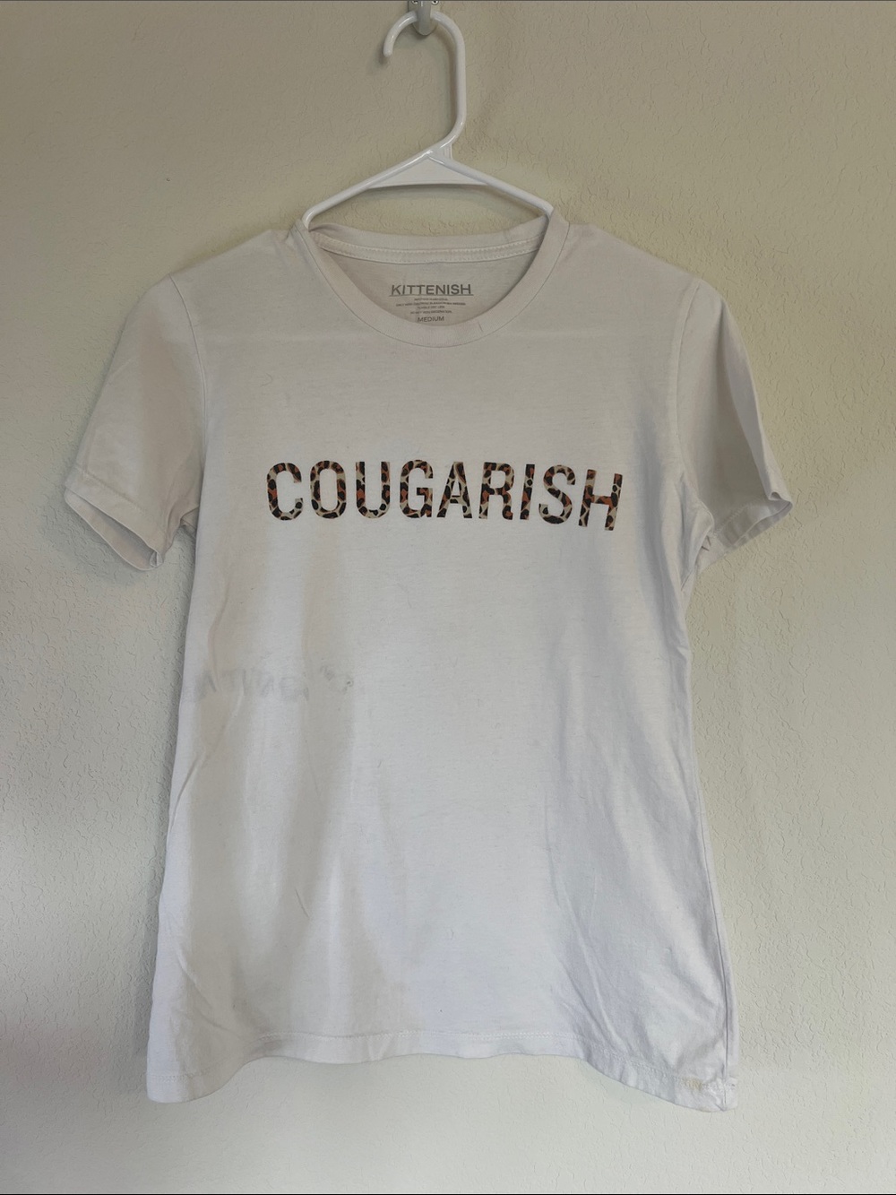 Kittenish Cougarish White Tee with Leopard Print Cougar Retired